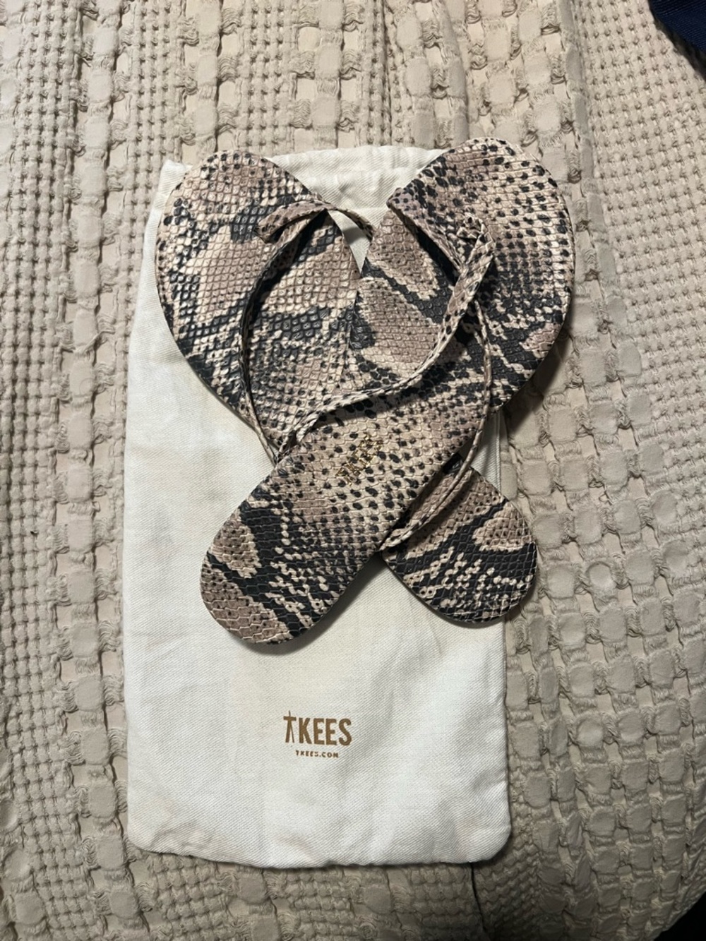 TKEES Snake-Print Flip Flop Sandals in Beige and Black